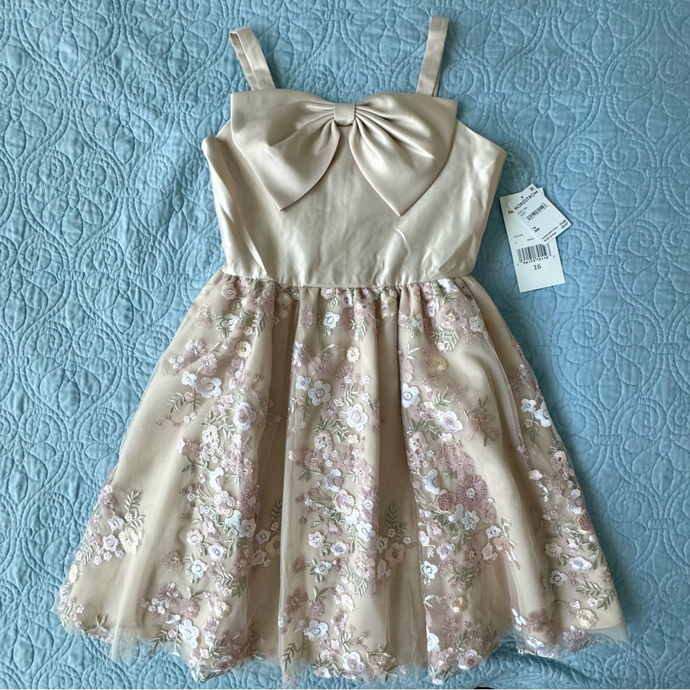 Girls Rare Editions Wedding Guest Dress Taupe Floral Bow 16